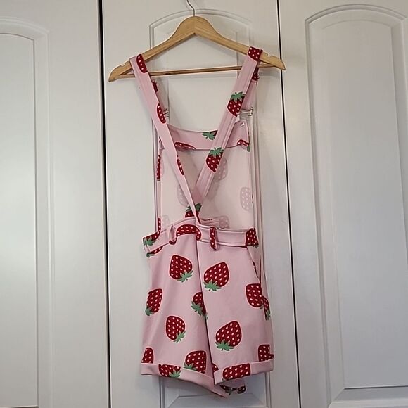Hot Topic Pink Red Green Novelty Strawberry Print Overalls Shortalls Size M - Picture 9 of 14